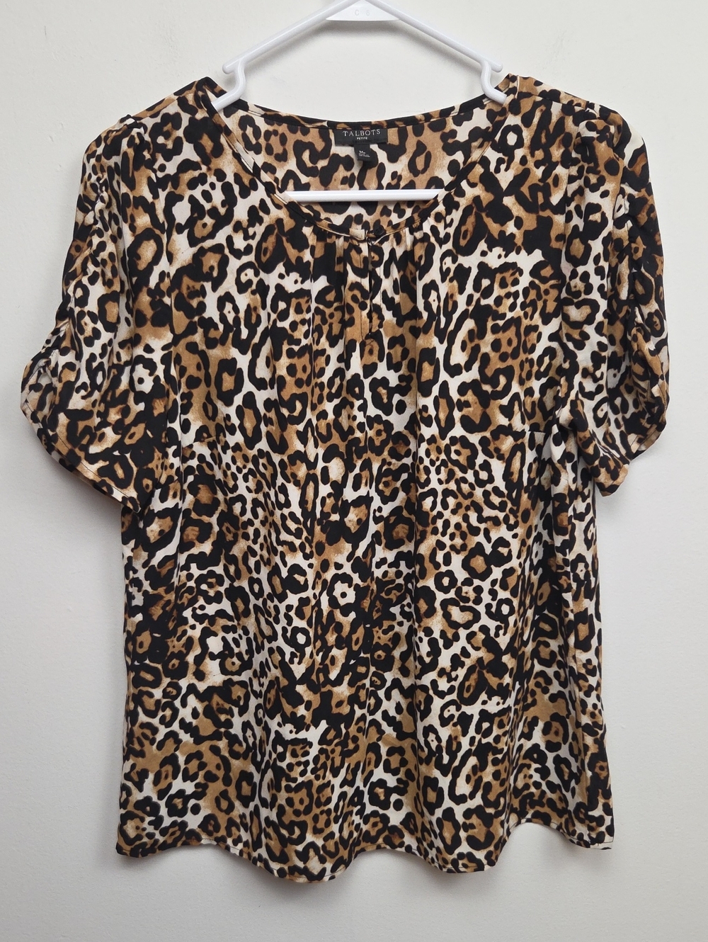 Talbots Leopard Print Ruched Short Sleeve Blouse Business Casual Career Classy M